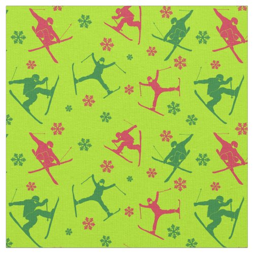 For Skiers Ski Tricks Pattern Lime Green Christmas Fabric