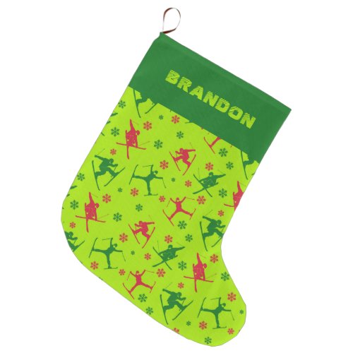 For Skiers Ski Tricks Pattern Lime Green Large Christmas Stocking