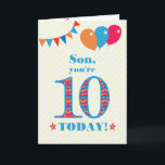For Son 10th Birthday Bunting Balloons Card<br><div class="desc">A colorful birthday card for a 10-year-old son, The large number 10 filled with an orange, red and blue pattern, outlined in bright blue. There are balloons and bunting at the top, in matching colors and the front cover greeting is, 'Son, you're 10 today!' in bright red and blue lettering,...</div>