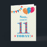 For Son 11th Birthday Bunting Balloons Card<br><div class="desc">A colorful birthday card for an 11-year-old son, The large number 11 is filled with an orange, red and blue pattern, outlined in bright blue. There are balloons and bunting at the top, in matching colors and the front cover greeting is, 'Son, you're 11 today!' in bright red and blue...</div>