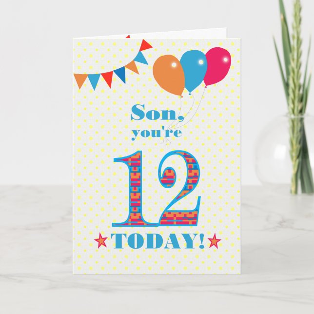 For Son 12th Birthday Bunting Balloons Card (Front)