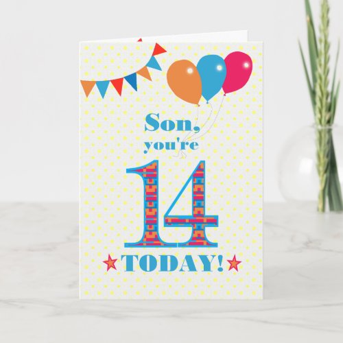 For Son 14th Birthday Bunting Balloons Card