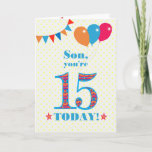 For Son 15th Birthday Bunting Balloons Card<br><div class="desc">A colourful birthday card for a 15-year-old son, The large number 15 is filled with an orange, red and blue pattern, outlined in bright blue. There are balloons and bunting at the top, in matching colours and the front cover greeting is, 'Son, you're 15 today!' in bright red and blue...</div>