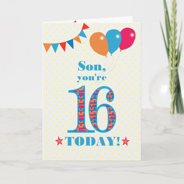 For Son 16th Birthday Bunting Balloons Card (Front)