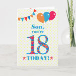 For Son 18th Birthday Bunting and Balloons Card<br><div class="desc">A colorful birthday card for a 18-year-old son, The large number 18 is filled with an orange, red and blue pattern, outlined in bright blue. There are balloons and bunting at the top, in matching colors and the front cover greeting is, 'Son, you're 18 today!' in bright red and blue...</div>