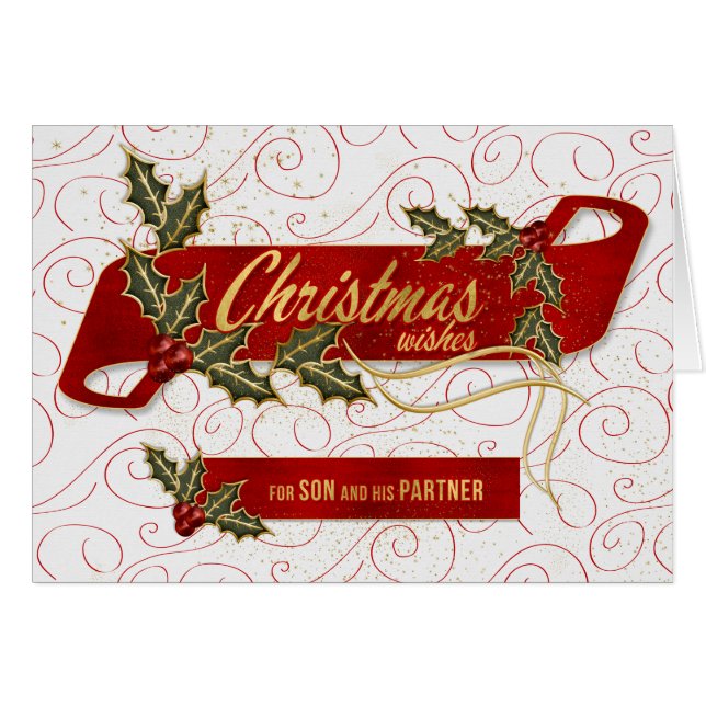 for Son and His Partner Holly Berries Holiday Card (Front Horizontal)