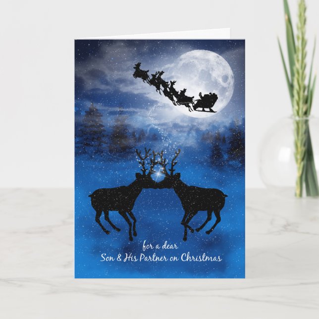 for Son and Partner Kissing Reindeer Christmas Holiday Card (Front)