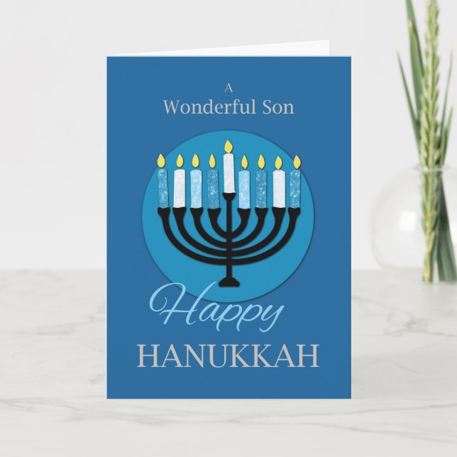 For Son Hanukkah Menorah on Dark Blue Card (Front)