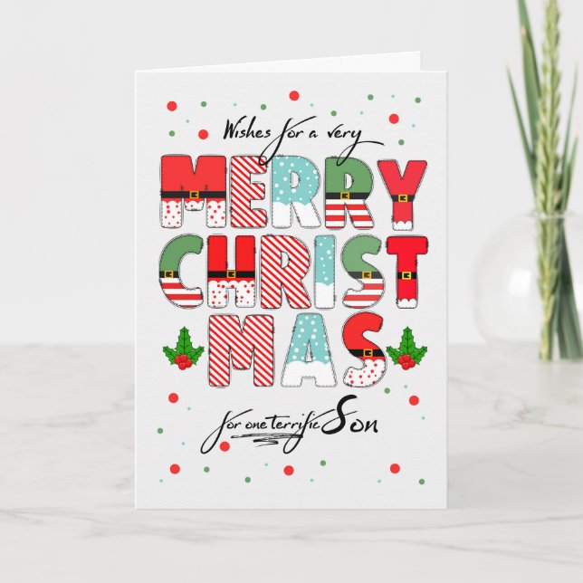 for Son Merry Christmas Decorated Lettering Holiday Card (Front)