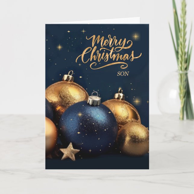 for Son Navy Blue and Gold Ornaments Christmas Holiday Card (Front)