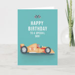 For Son Sporty Racing Car Birthday Card<br><div class="desc">Modern sporty racing car F1 son happy birthday card. Exclusive design to the Green Elephant Cards brand.</div>
