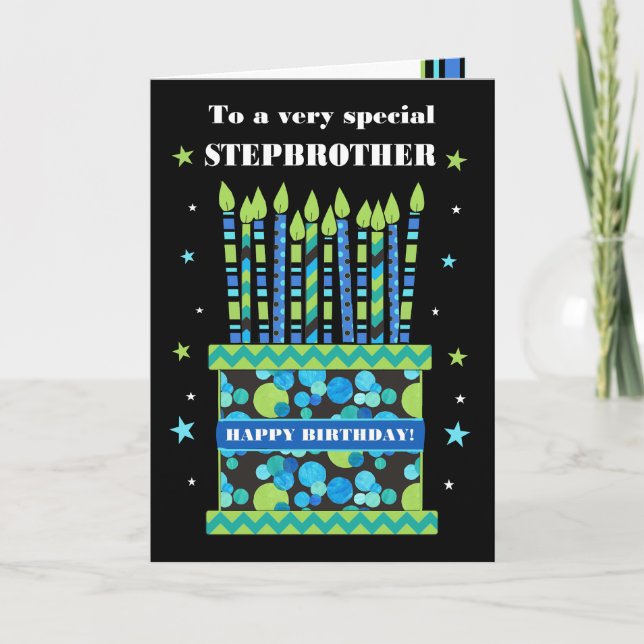 For Step Brother Birthday Cake with Candles Card (Front)