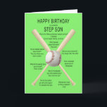 For step son, birthday baseball jokes card<br><div class="desc">For a step-son,  birthday card. A fun card showing a baseball and bats with lots of really bad baseball jokes. A card for the sportsman with a sense of humor. See the whole range of ages and relationships in my store.</div>