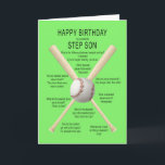 For step son, birthday baseball jokes card<br><div class="desc">For a step-son,  birthday card. A fun card showing a baseball and bats with lots of really bad baseball jokes. A card for the sportsman with a sense of humor. See the whole range of ages and relationships in my store.</div>