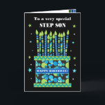 For Step Son Birthday Cake with Candles Card<br><div class="desc">A bright birthday card for your stepson, with lots of patterned candles on a birthday cake. At the top of the front cover, the words, 'To a very special STEP SON' are in a white lettering on the black background. There is a blue band around the cake with 'HAPPY BIRTHDAY!'...</div>