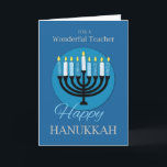 For Teacher Hanukkah Menorah on Dark Blue Card<br><div class="desc">This card will surely surprise a wonderful teacher once you then this to greet them a Happy Hanukkah. The Menorah which is the symbol of this holiday stands on the cover of this card holding blue and white textured candles.</div>