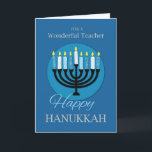 For Teacher Hanukkah Menorah on Dark Blue Card<br><div class="desc">This card will surely surprise a wonderful teacher once you then this to greet them a Happy Hanukkah. The Menorah which is the symbol of this holiday stands on the cover of this card holding blue and white textured candles.</div>