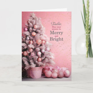 for Teacher Merry and Bright Pink Christmas Holiday Card