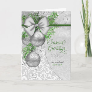 for Teacher Season's Greetings Silver Ornaments Holiday Card