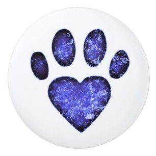 For the Paws Distressed Blue Heart Pawprint Ceramic Knob