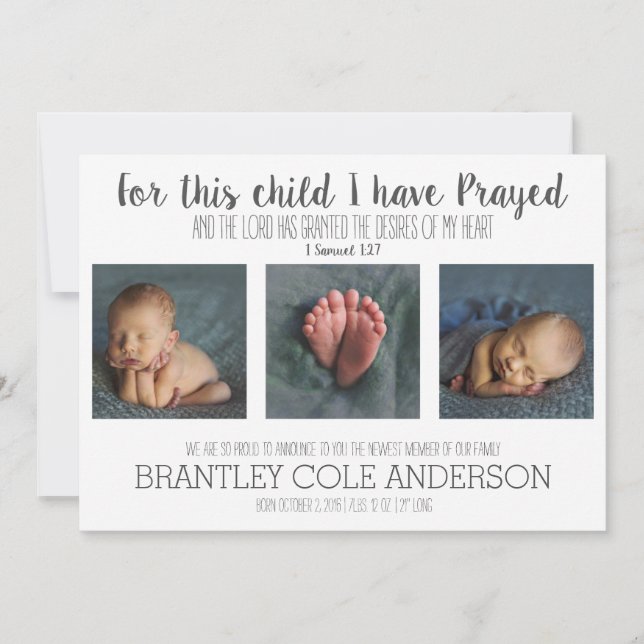 For This Child I have Prayed Birth Announcement (Front)