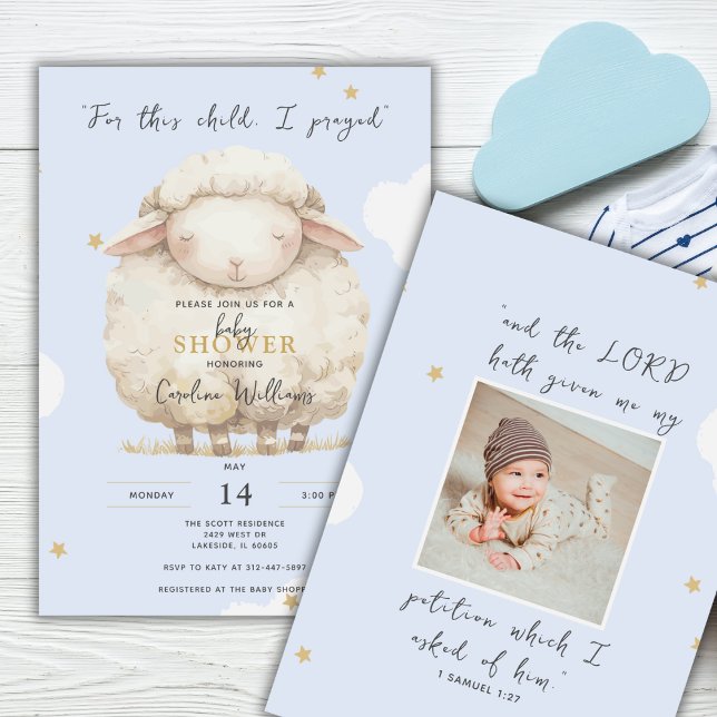 For This Child I Prayed Photo Blue Lamb Religious Invitation (Personalize with a sonogram or newborn photo.)