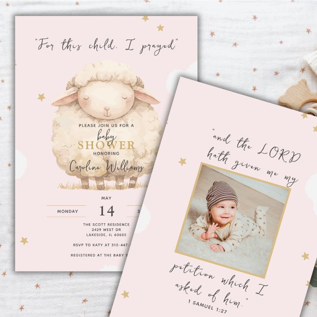 For This Child I Prayed Photo Pink Lamb Religious Invitation (Personalize with a sonogram or newborn picture.)