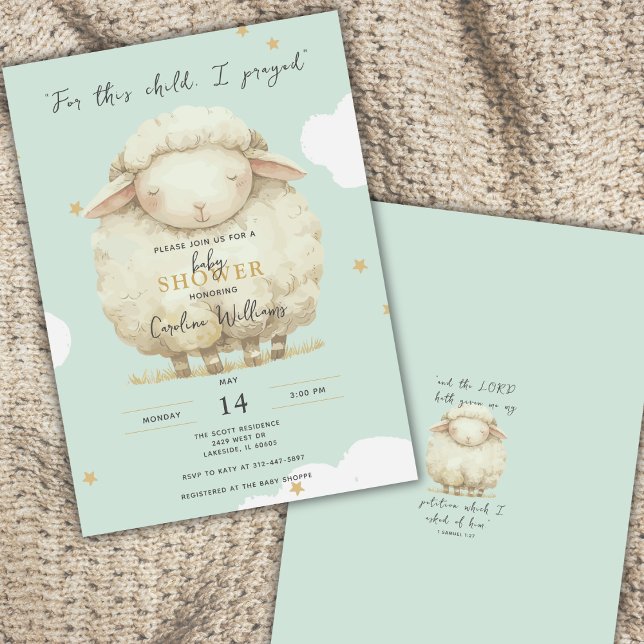 For This Child I Prayed Scripture Baby Lamb Green Invitation (Creator Uploaded)