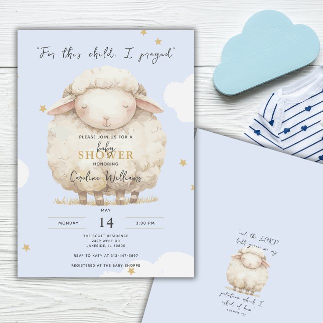 For This Child I Prayed Scripture Blue Lamb Boy Invitation (Creator Uploaded)