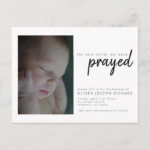 For This Child We Have Prayed Baptism Invitation Postcard