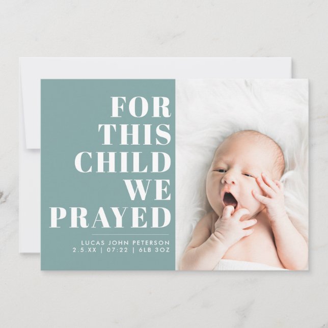 For This Child We Prayed Teal Blue Photo Birth Announcement (Front)