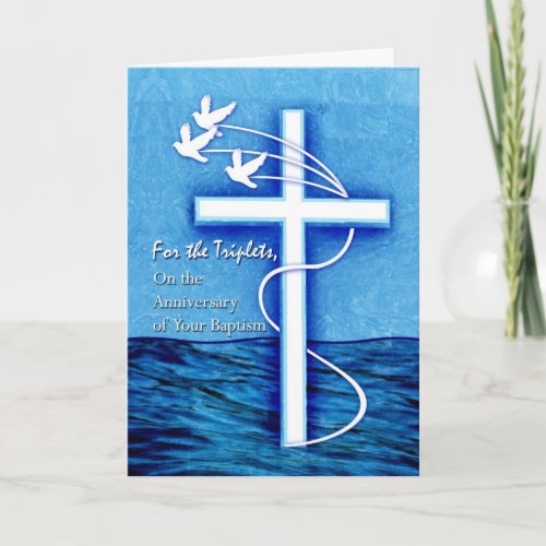 For Triplets Anniversary of Baptism Dove and Cross Card
