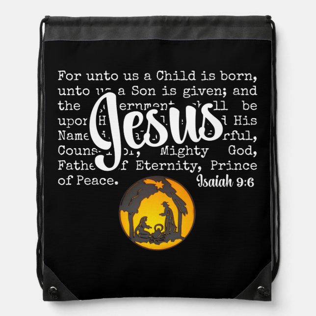 FOR UNTO US Christian Nativity JESUS Christmas Drawstring Bag (Front)