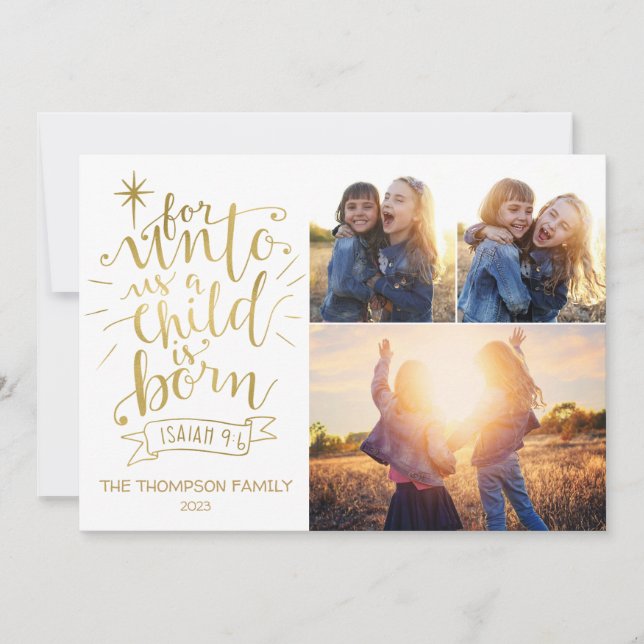 For Unto Us Christmas Photo Card Three Picture (Front)