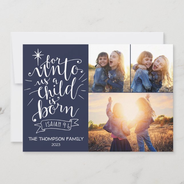 For Unto Us Christmas Photo Card Three Picture (Front)