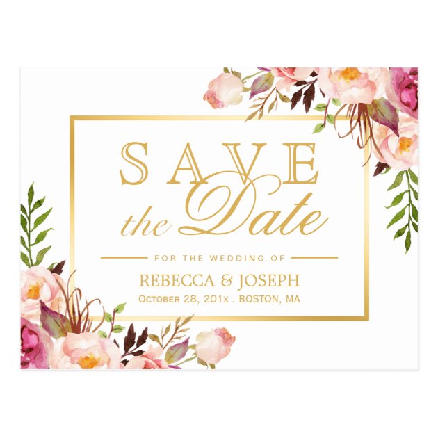 (for USPS) Elegant Pink Floral Gold Save The Date Postcard