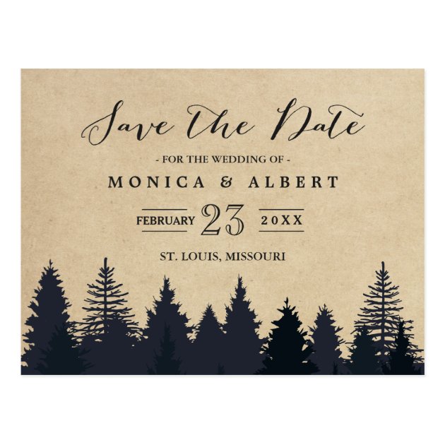 (for USPS) Rustic Kraft Pine Trees Save The Date Postcard