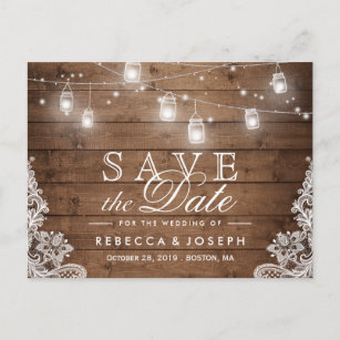 (for USPS) Rustic String Lights Lace Save the Date Announcement Postcard