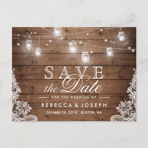for USPS Rustic String Lights Lace Save the Date Announcement Postcard
