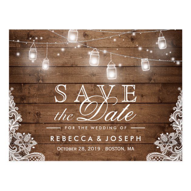 (for USPS) Rustic String Lights Lace Save The Date Postcard