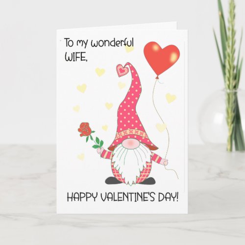 For Wife Valentines Cute Gnome and Red Rose Card