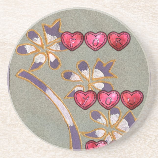 For You From Me: Beautiful Floral Hearts Design Drink Coaster (Front)