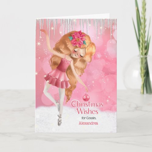 for Young Female Cousin a Pink Ballerina Christmas Holiday Card