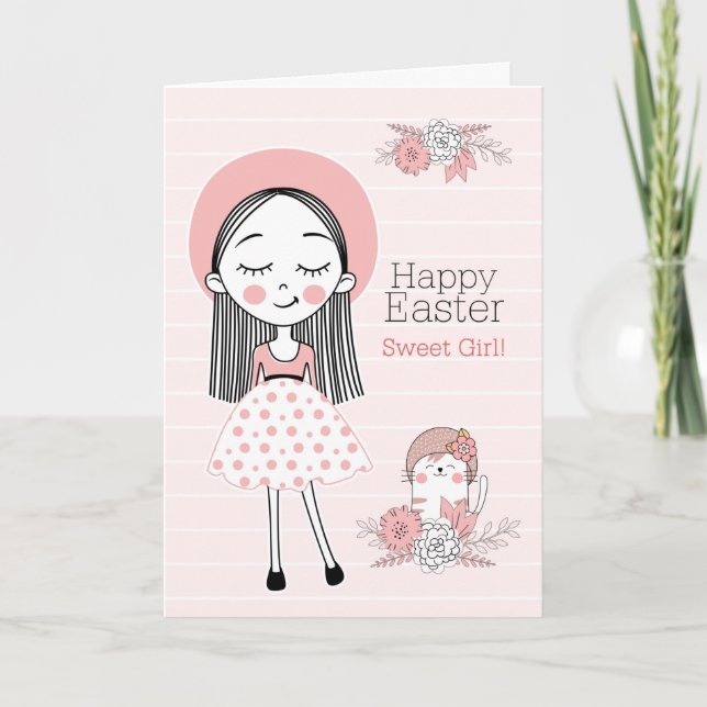 for Young Girl and Cat in Pink and Black Easter Holiday Card (Front)