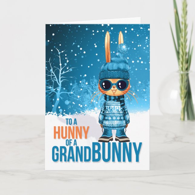 for Young Grandson Cute Blue Christmas Grandbunny Holiday Card (Front)