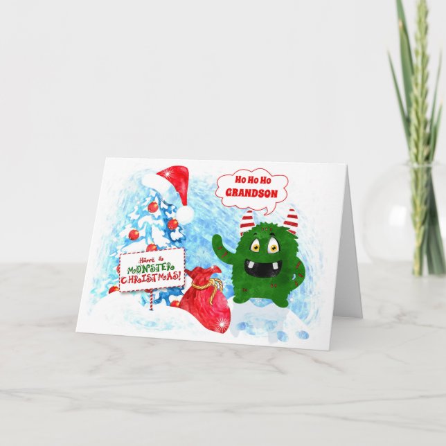 for Young Grandson Funny Monster Christmas Holiday Card (Front)