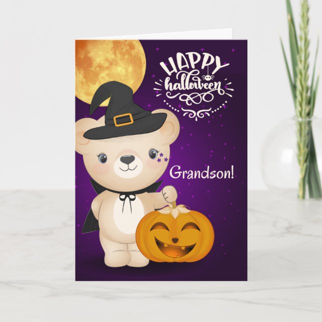 for Young Grandson Teddy Bear Witch Halloween Card (Front)