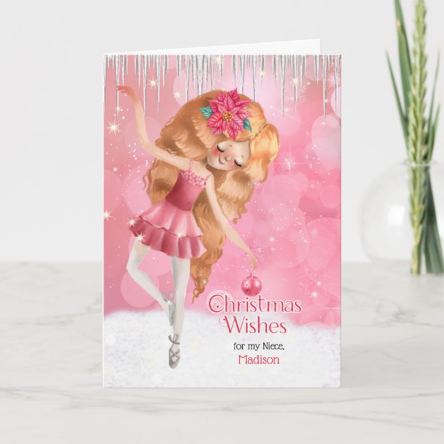 for Young Niece a Pink Ballerina Christmas Holiday Card (Front)