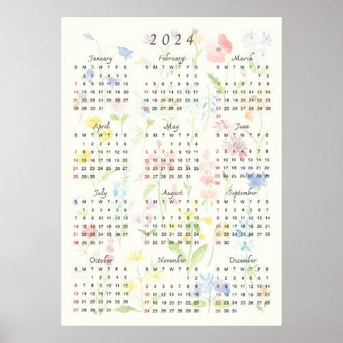 foral 2024 calender watercolor poster