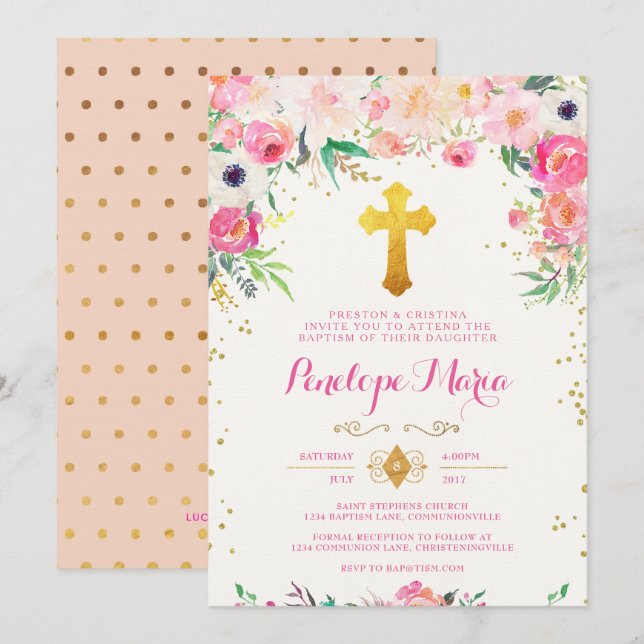 Foral and Gold Cross Baptism Invitation (Front/Back)